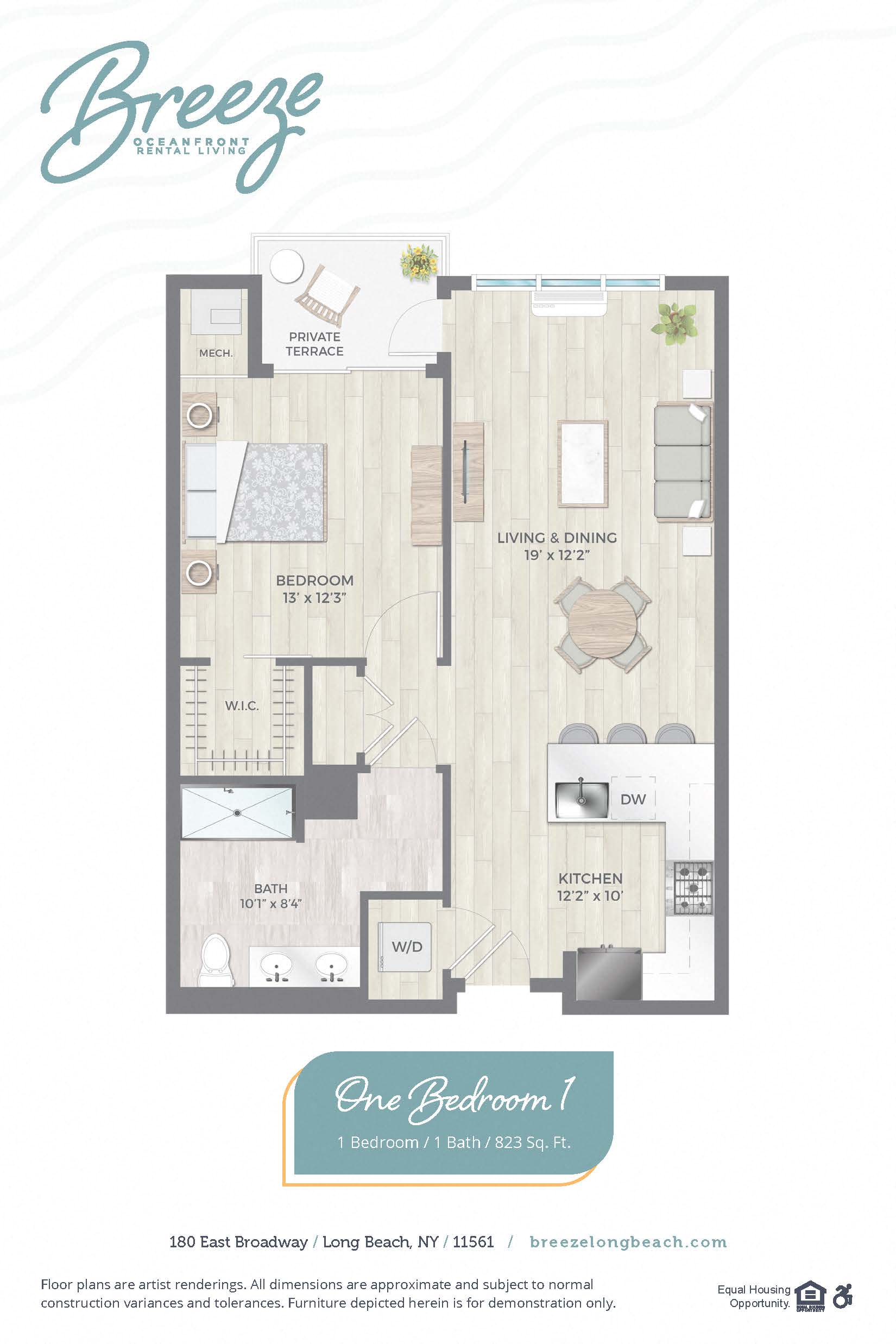 Floor plan for 1 bed, 1 bath, 823 sqft